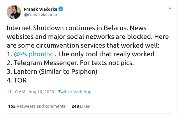 tweet about mesh services used by belarusian protesters