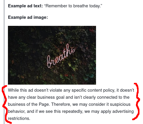 fb policy page saying a 'breathe' ad is suspicious