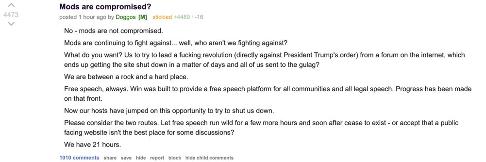 screenshot of post titled 'mods are compromised' from thedonald forum