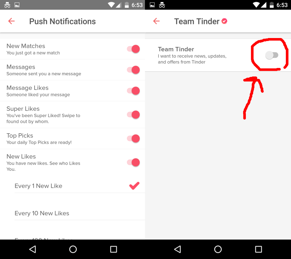 tinder marketing & transactional notification settings